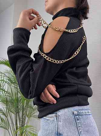 Стильний жіночий під горло светр із ланцюжком щільна ангора рубчик на фліс Чорний, 42/46 Одеса