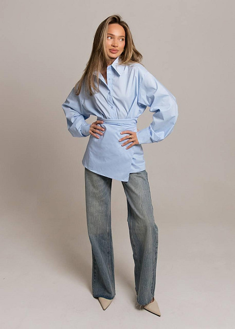 Жіноча базова приталена сорочка з поясом котон Одеса - фото 2