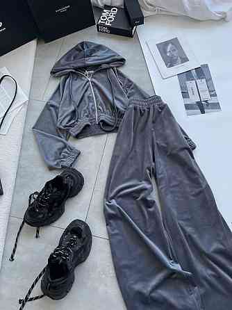 Женский прогулочный оверсайз костюм двойка: кофта и штаны турецкий велюр. Графит Одесса