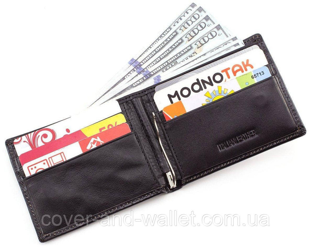Маленький мужской кошелек c зажимом на магнитах из гладкой кожи ST Leather Черный Киев - изображение 5