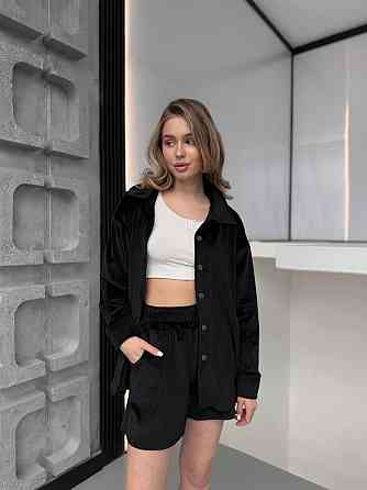 Женский прогулочный оверсайз костюм двойка: рубашка и шорты турецкий велюр спорт Черный Одесса