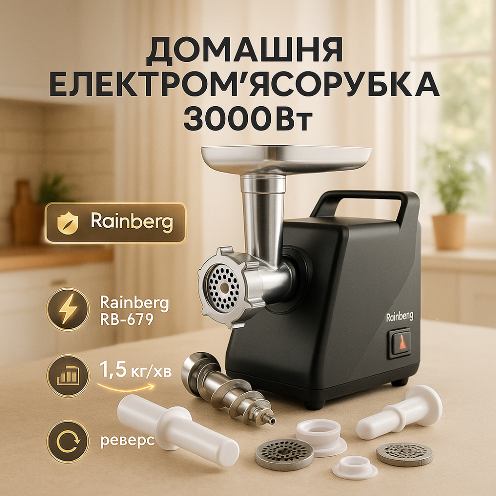Электромясорубка с насадками для сока и колбас Rainberg RB-679 3000Вт, Домашняя электромясорубка ZE-48 Львов - изображение 19