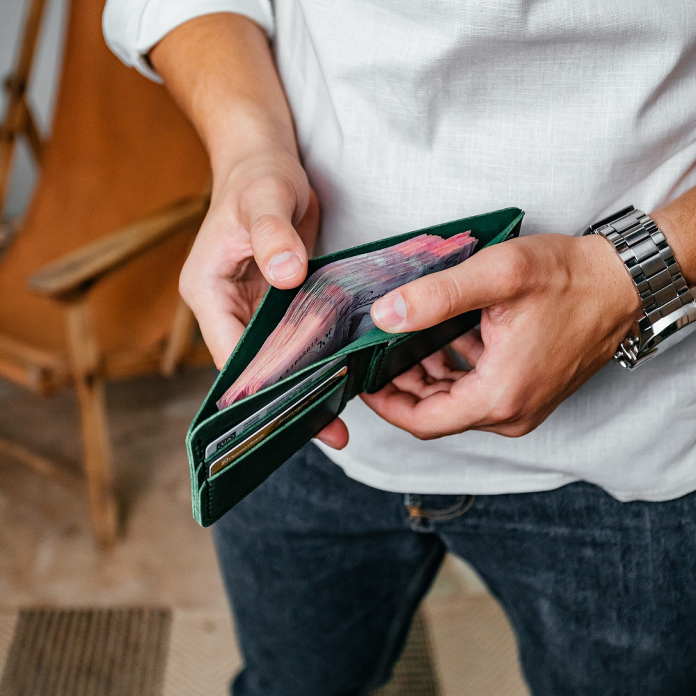 Чоловічий гаманець із натуральної шкіри Crazy Horse, місткий гаманець на кнопці, зеленийMasterSem Київ - фото 3