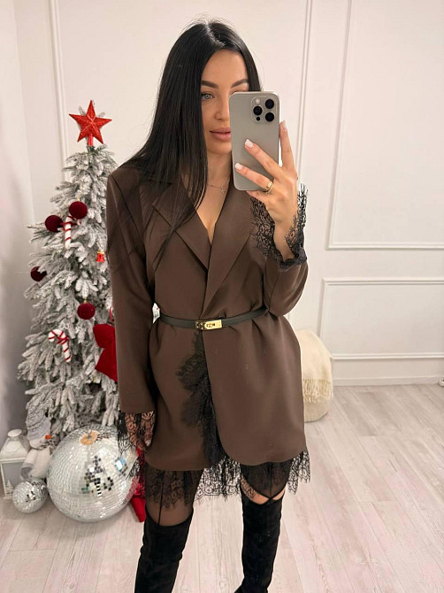Жіноча стильна вечірня сукня-піджак костюмка+мереживо Шоколад Одеса - фото 1
