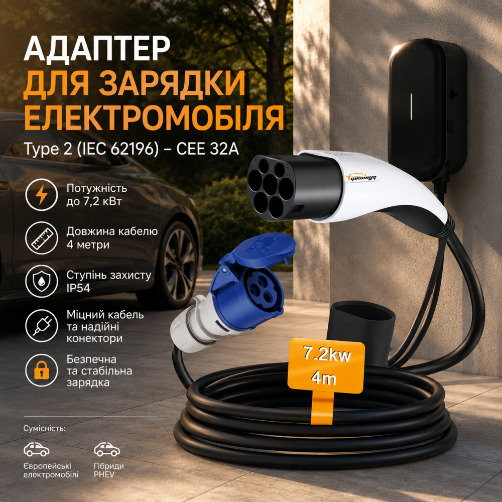 Адаптер Type 2 (IEC 62196) на CEE 32A 7,2 кВт, кабель 4 м, IP54 для зарядних станцій електромобілів Київ - фото 7