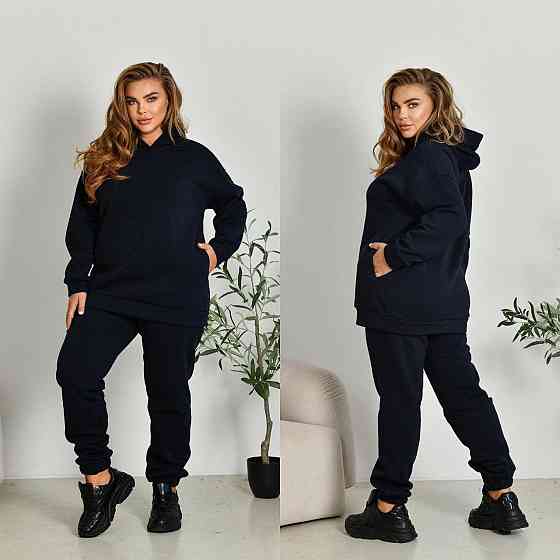 Жіночий прогулянковий костюм: худі та штани батал у спортивному стилі тринитка на флісі Синій, 52/54 Одеса