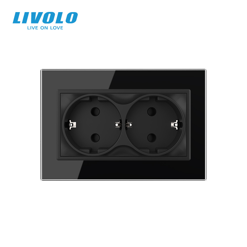 LIVOLO Подвійна електрична розетка в один підрозетник з заземленням LIVOLO, чорна, скляна рамка Коломия - фото 8