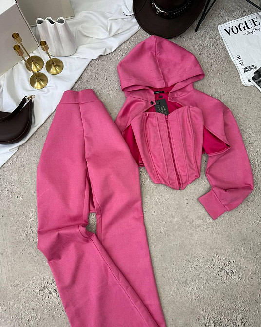 Женский стильный костюм тройка: кофта, корсет и лосины замш на дайвинге Одесса - изображение 10