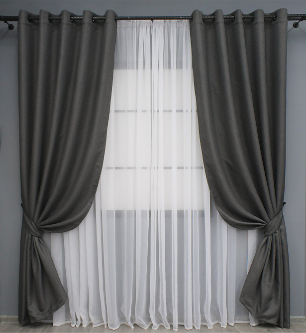 Комплект штор на люверсах VR-Textil Лен-блэкаут Лен Мешковина № 1220ш Серый 150х250см 2 шт (37-0193) Киев - изображение 2