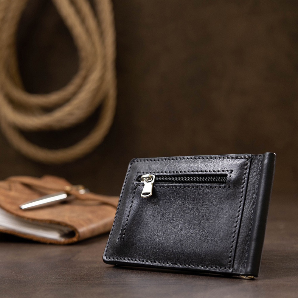 Мужской зажим для денег с монетницей GRANDE PELLE 11548 Черный Киев - изображение 10