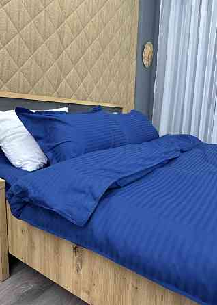 Комплект постільної білизни Страйп-сатин Євро 200х230 з простирадлом на резинці Синій (88-091) Київ