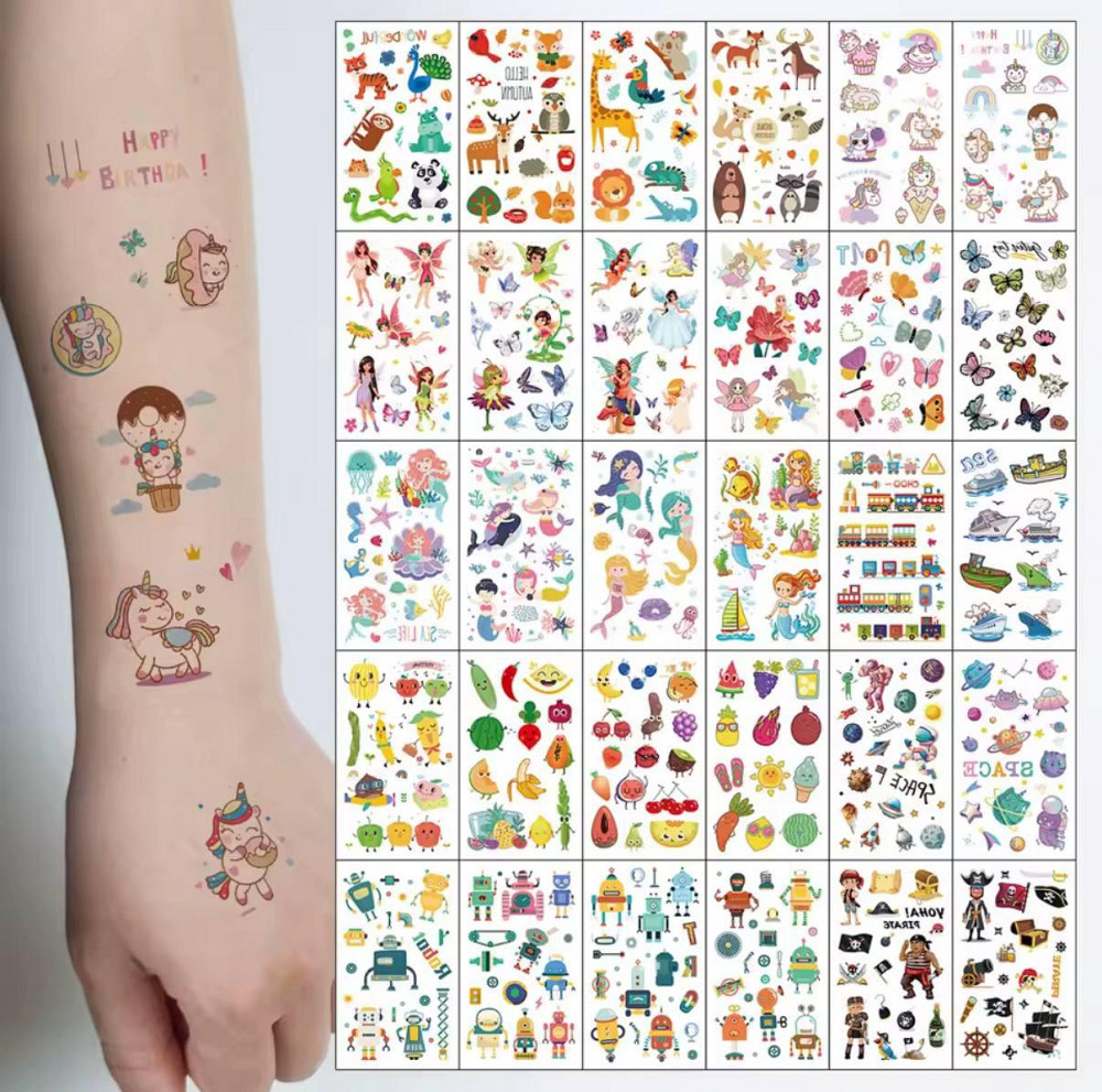 Набор детских временных татуировок — 30 листов (6×10 см) Единороги, динозавры Киев - изображение 1