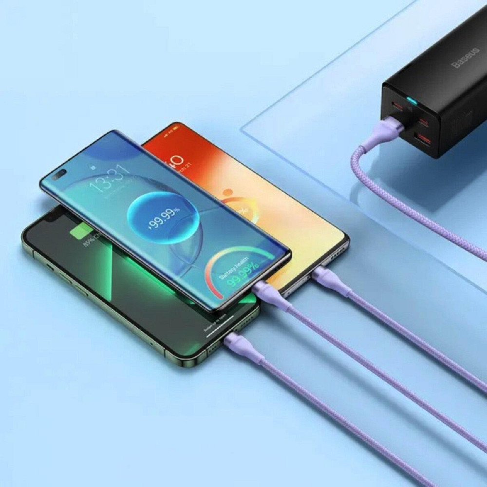 Кабель Baseus Flash Series II One-for-three Fast Charging Data Cable USB to M+L+C 66W 1.2m Purple CASS040005 Одесса - изображение 8