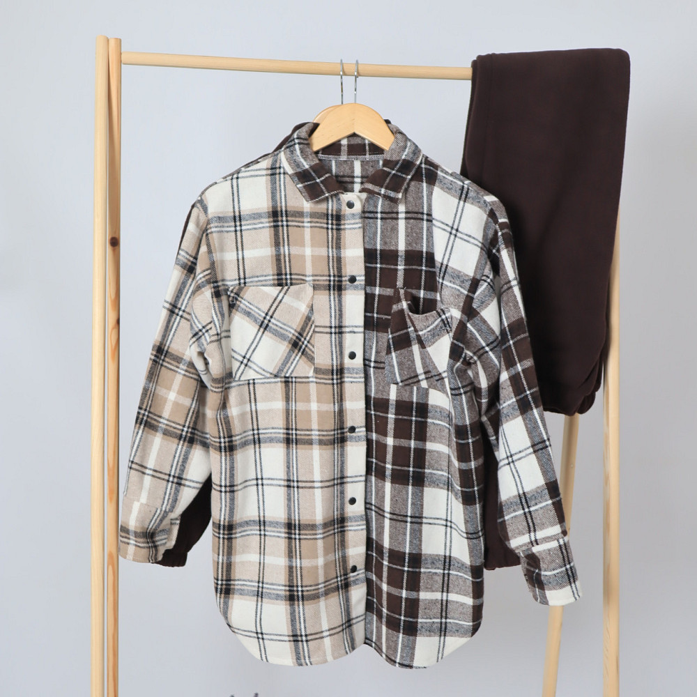 Флисовый женский коричневый костюм тройка (худи+джоггеры+рубашка в клетку) 52/54 Каменец-Подольский - изображение 7