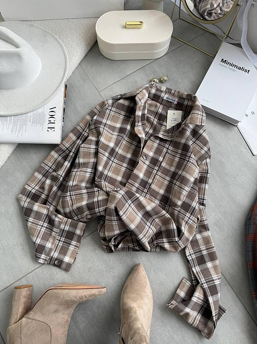 Женская повседневная оверсайз рубашка в клетку костюмный тиар Светлый шоколад Одесса - изображение 6