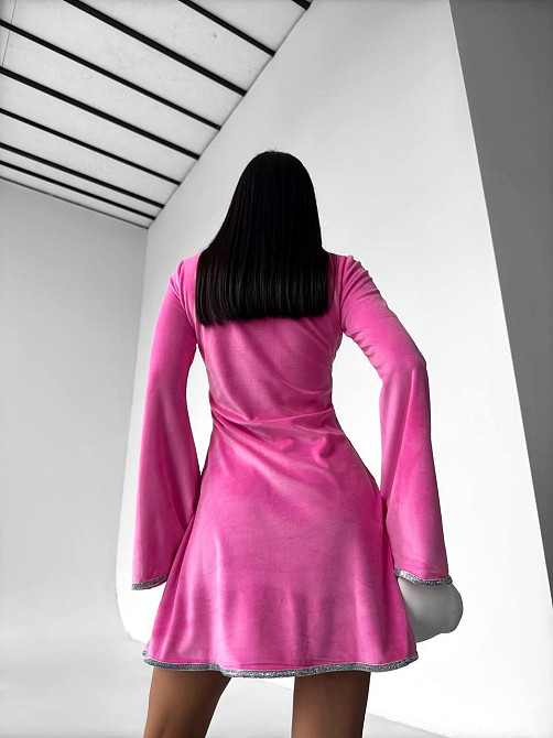 Стильное женское платье  с v-вырезом турецкий велюр Розовый, 42/44 Одесса - изображение 1