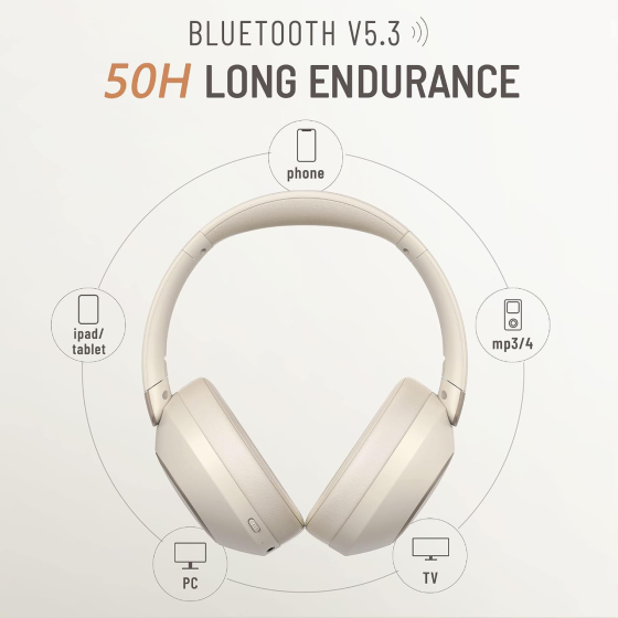 Бездротові навушники LORELEI B-C6, Bluetooth 5.3, 50 год, 40 мм, мікрофон, AUX 3,5 мм, складні, бежево-білі Київ
