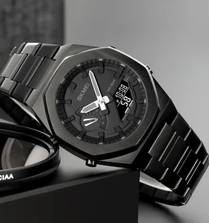 Чоловічий наручний годинник на сталевому браслеті Skmei 1816 (Чорний із чорним циферблатом) Вінниця
