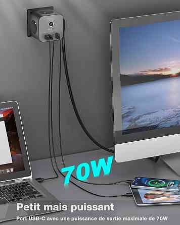 Мережевий адаптер живлення з 3-ма розетками, 2*USB QC, 2*Type-C PD VEFVE S470A 7в1 70Вт Луцк