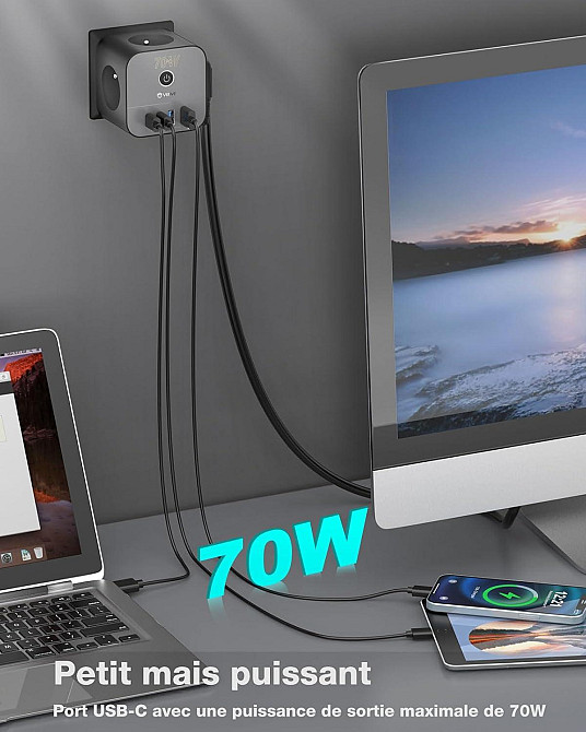 Мережевий адаптер живлення з 3-ма розетками, 2*USB QC, 2*Type-C PD VEFVE S470A 7в1 70Вт Луцьк - фото 2