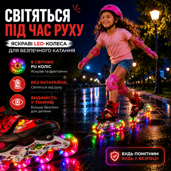 Дитячі розсувні роликові ковзани квадри ЛІЛ з 8 колесами PU та підшипниками ABEC-7, червоні ролики розмір L (26-37) (39-42) Київ