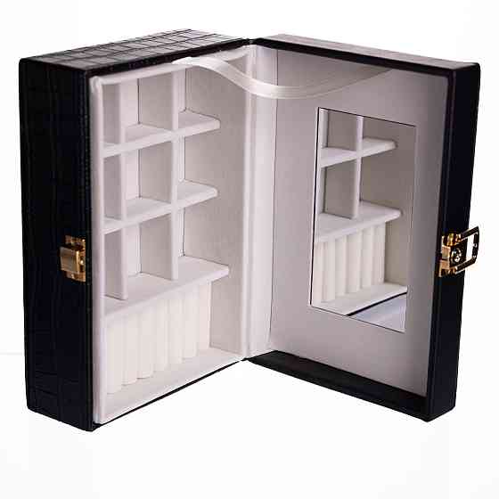 Скринька для прикрас з еко шкіри 10 відділень з дзеркалом 20×14×8 см Чорний HP-5-19B Київ