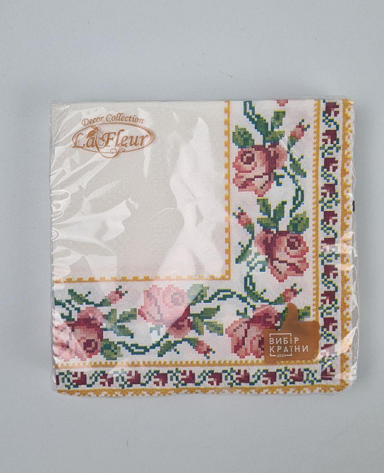 Салфетки бумажные праздничные La Fleur Вышитая роза 33х33 см 16 шт, салфетки 2-слойные с рисунком для сервировки (1 пачка) Харьков - изображение 3