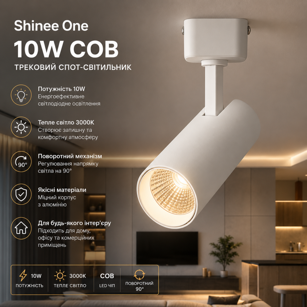 Стельовий світлодіодний прожектор Shinee One 10W COB 3000K, поворотний настінний трековий спот світильник для дому, колір білий Київ - фото 11