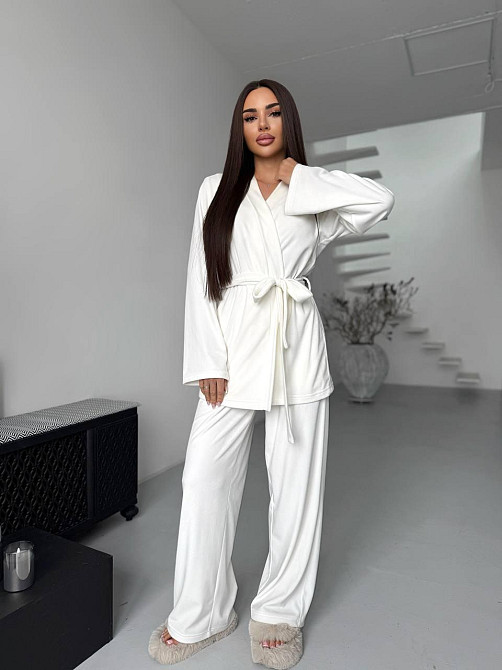Жіночий стильний домашній костюм штани палаццо + кімоно, велюр Молочний, 42/44 Одеса - фото 10