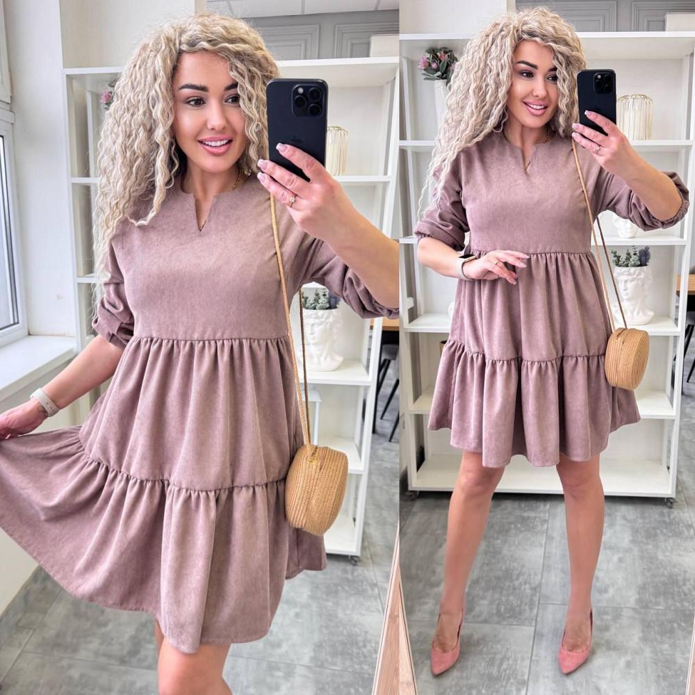 Женское базовое повседневное платье микро вельвет Беж, 42/44 Одесса - изображение 1