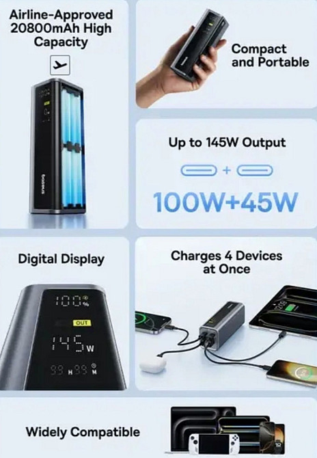 Павербанк Baseus 20800 mAh, PD 145W - для ноутбука, Киев - изображение 3