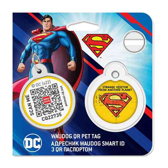 Адресник для собак і котів металевий WAUDOG Smart ID з QR-паспортом, малюнок "Супермен вінтаж", круг, Д 30 Вінниця