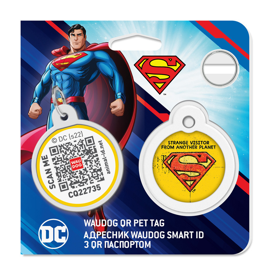Адресник для собак і котів металевий WAUDOG Smart ID з QR-паспортом, малюнок "Супермен вінтаж", круг, Д 30 Вінниця - фото 5