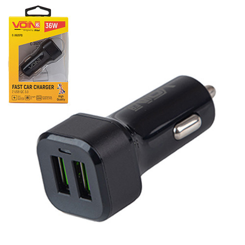 Автомобильное зарядное устройство VOIN C-36207Q с 2 USB, 36W, 12/24V, быстрая зарядка (3.6-6.5V 3A, 6.5-9V 2A, 9-12V 1.5A) Харьков - изображение 1