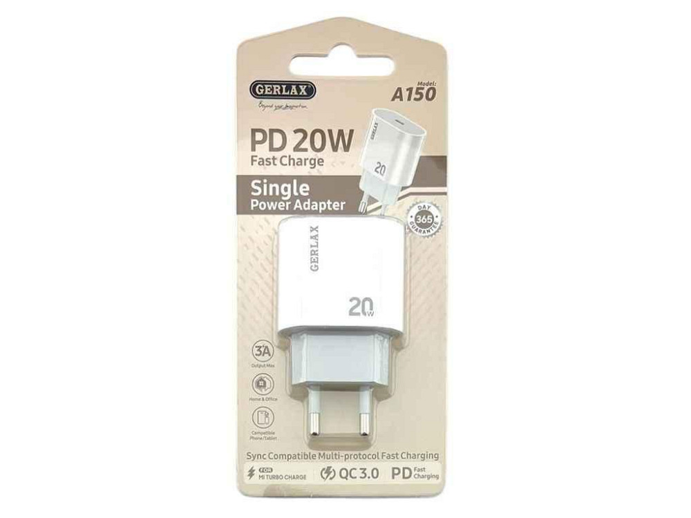 Сетевое зарядное устройство PD Type-C A150 PD20W/QC3.0 белый ТМ GERLAX Киев - изображение 1