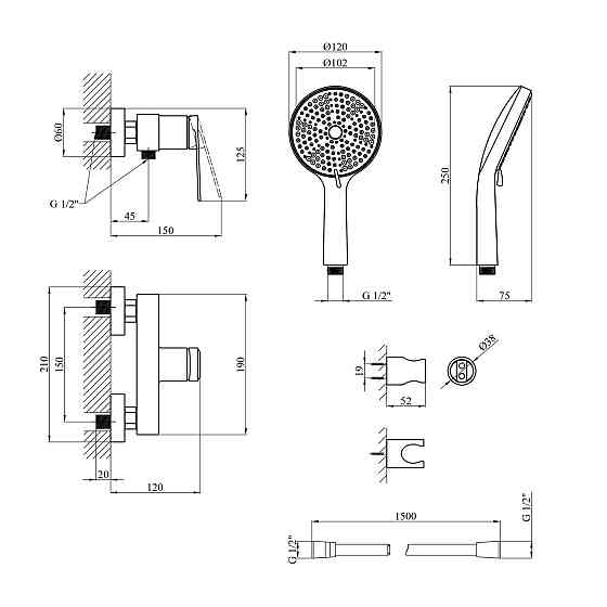 Смеситель для душа Kroner Element 211411-3801 с душевым гарнитуром, черный Киев