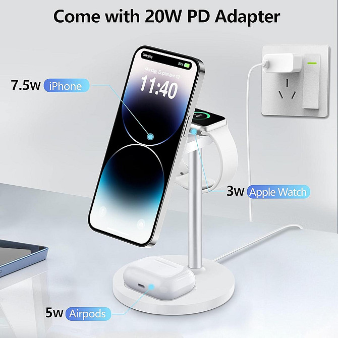 3-в-1 беспроводная зарядка FutureCharger MagSafe, регулируемая станция 20W для iPhone, Apple Watch,  Киев - изображение 3