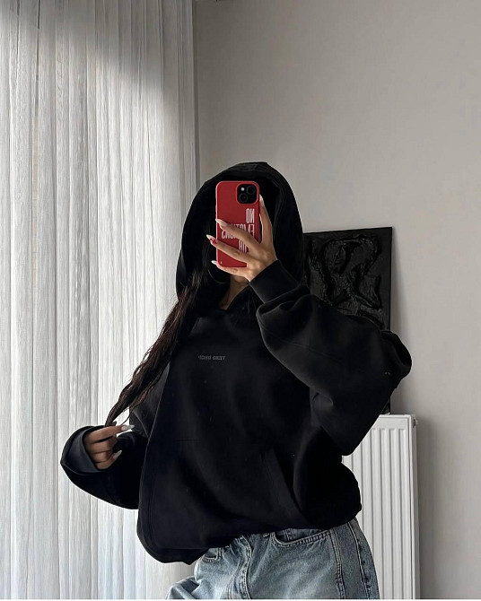 Жіночий стильний подовжений обʼємний худі в стилі оверсайз трьохнитка на флісі Одеса - фото 4