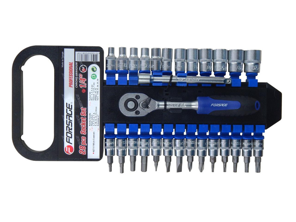 Набір головок і біт з тріскачкою 28пр. 1/4'' (4-14мм; Torx:T10-T30; Hex:3-6мм; Slotted:SL4.5-SL7; Philips: PH1-PH2) Одеса - фото 1