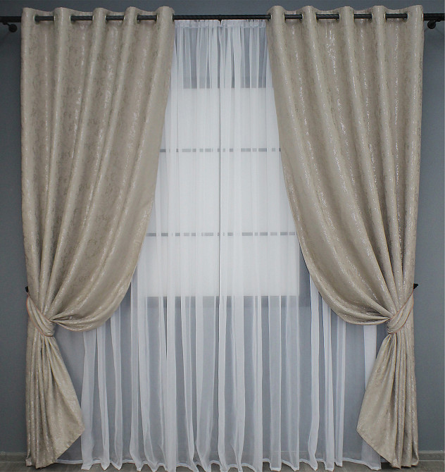 Комплект штор на люверсах VR-Textil Лен мрамор Pavliani № 1177ш 150х250 см 2 шт Серо-бежевый (37-0040) Киев - изображение 2