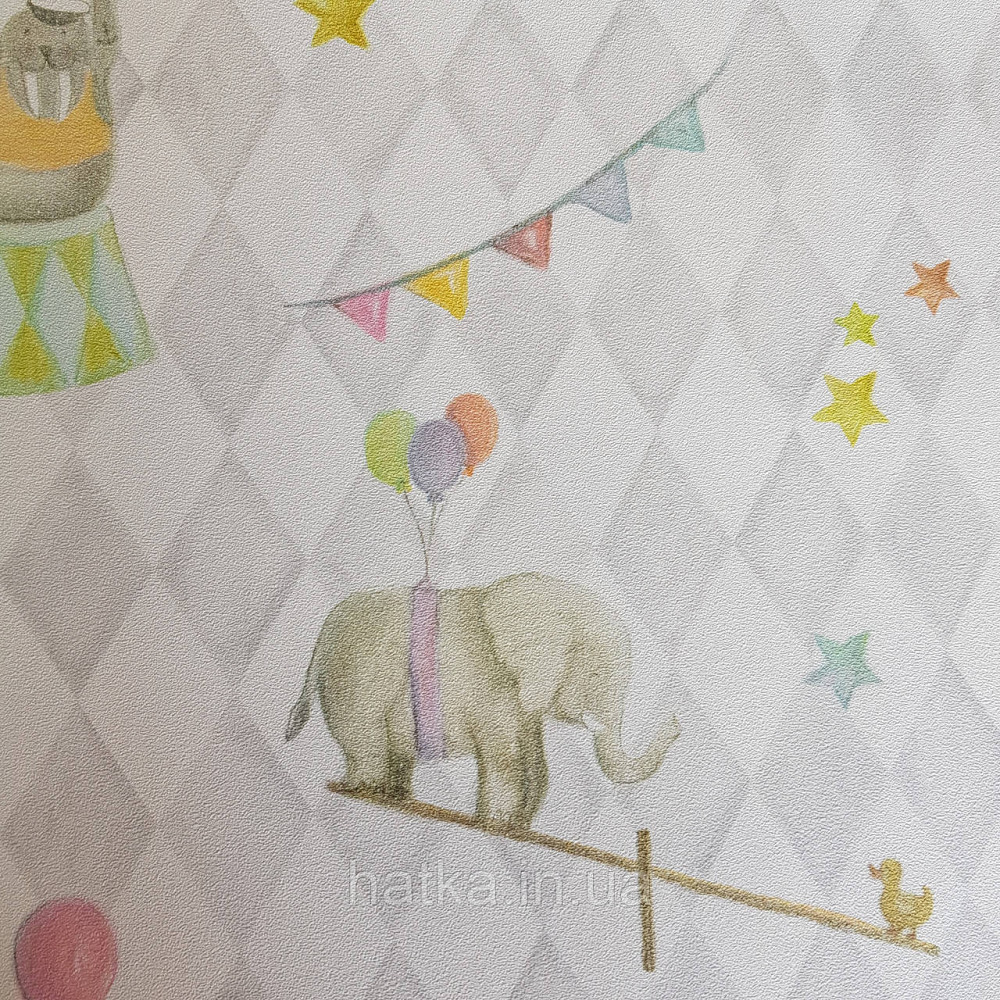 Флізелінові шпалери дитячі BN Doodleedo 0,53 х 10 м цирк тварини слони птиці повітряні кулі зірки сіро білі Київ - фото 5