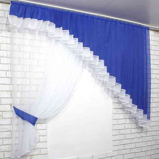 Кухонний комплект VR-Textil № 062к шторка з ламбрекеном синій з білим 200х170 см (50-614) Київ