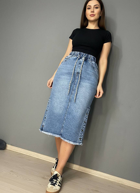 Спідниця жіноча джинсова ZJY 67510 - 68016 з розрізами резинка на талії великі розміри блакитна, блакитний, 30, 30, 75 см, 99 см Київ - фото 8