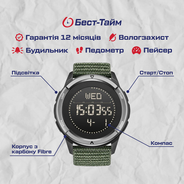 Годинник чоловічий водостійкий тактичний North Edge Alps Flex Grey з компасом (2 ремінці) Вінниця - фото 7