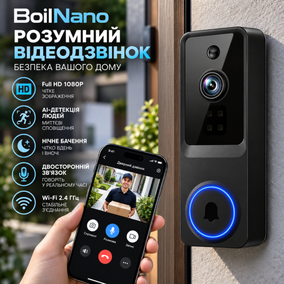 Розумний відеодзвінок BoilNano Wi-Fi 2.4 ГГц, камера Full HD 1080P, AI-детекція людей, нічне бачення, двосторонній зв'язок Київ