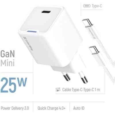 Зарядное устройство ColorWay GaN Mini 25W PD Port PPS USB-C white cable Type-C (CW-CHS052PDC-WT) Винница