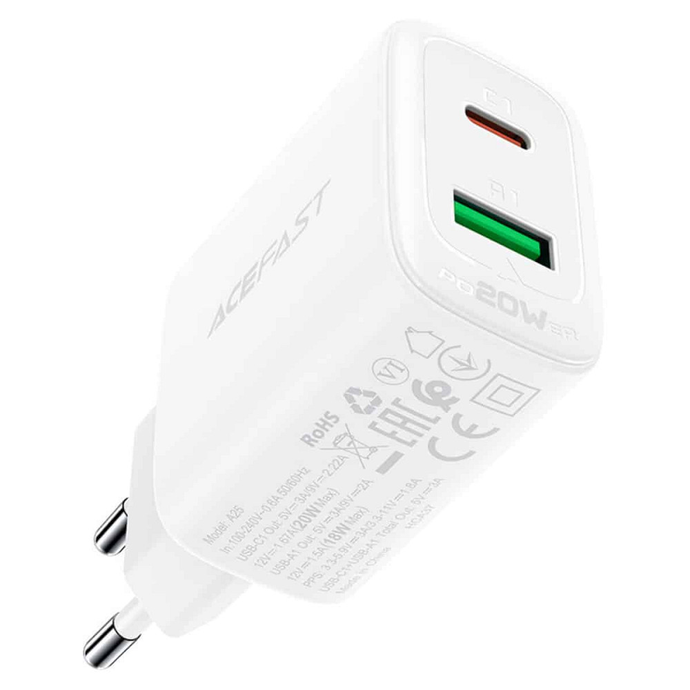 Мережевий зарядний пристрій ACEFAST A25 PD20W (USB-C+USB-A) dual port charger White Київ - фото 1