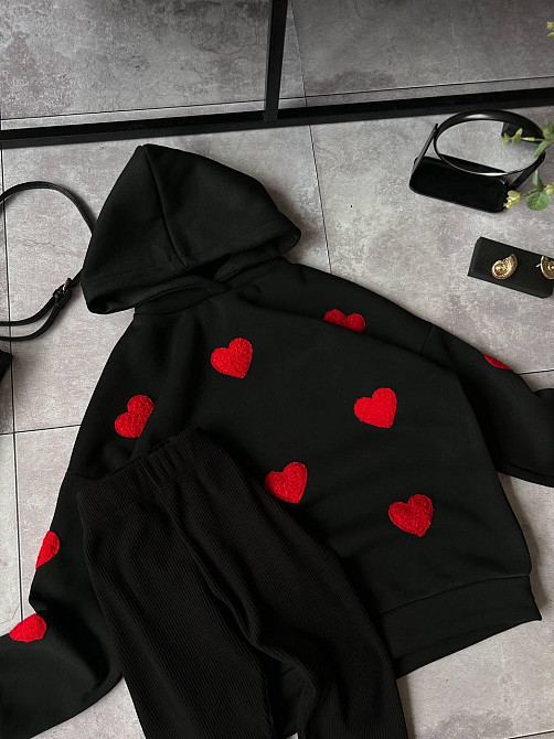 Женский теплый прогулочный костюм двойка с сердечками трехнить на флисе + ангора рубчик Черный, 46/48 Одесса - изображение 6