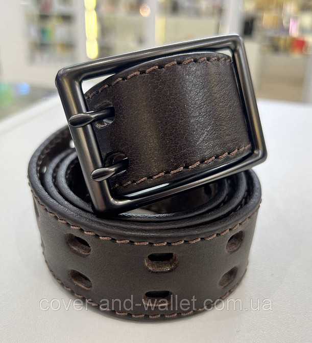 Коричневый мужской перфорированный ремень с пряжкой на две спицы 40 мм PS Leather Киев - изображение 8