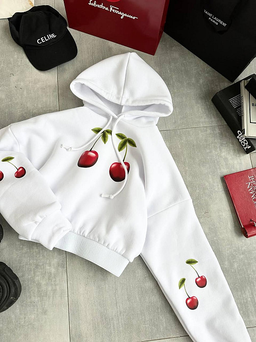 Жіноча тепла оверсайз худі з вишеньками тринитка на флісі Одеса - фото 8